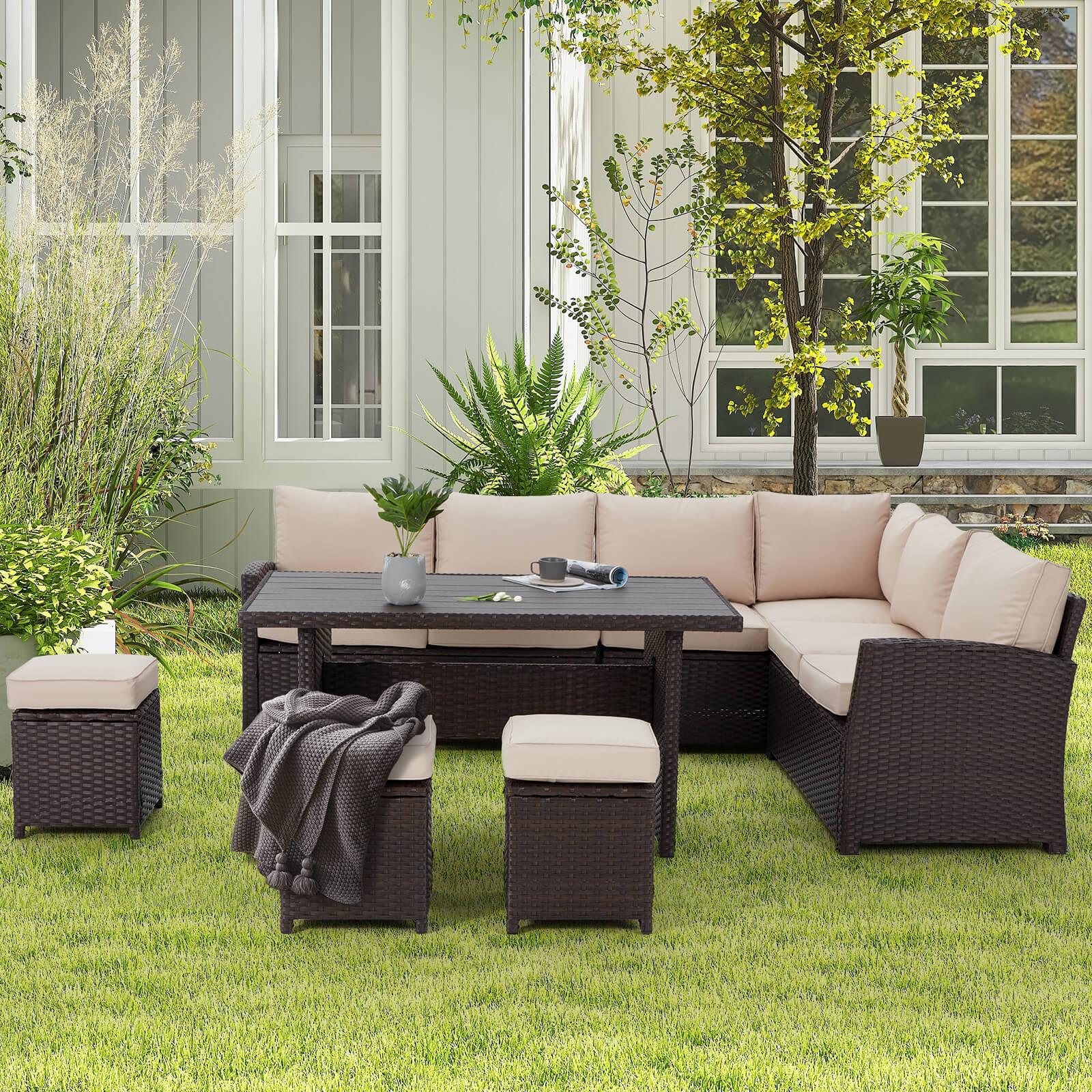 Homrest 7 Pieces Patio Furniture Set, Outdoor Sectional Dining Sofa Set with Table & 3 Ottomans (Khaki)