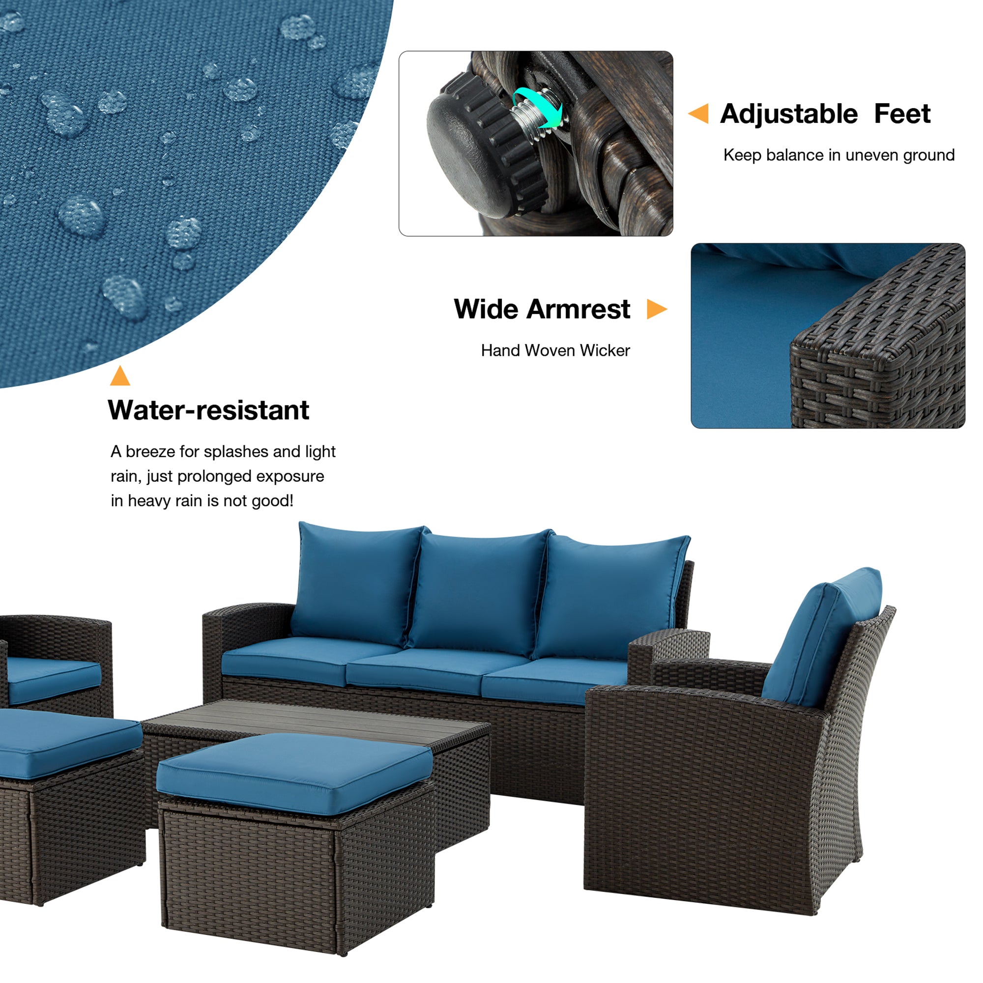 Homrest 6 pcs outdoor conversation set for porch, garden and poolside, blue
