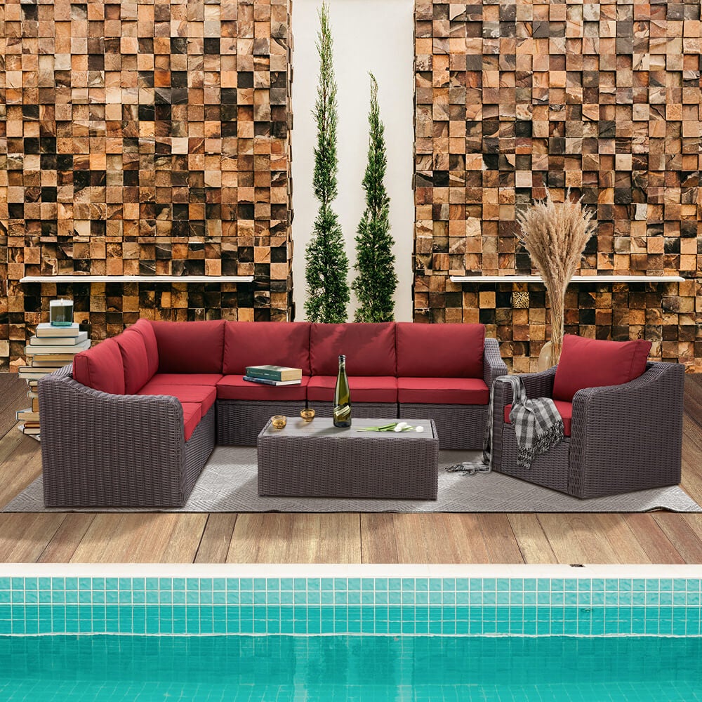  Homrest Outdoor Sectional Sofa All-Weather Conversation Set w/ Red Cushion, Coffee Table for Porch, Garden and Poolside
