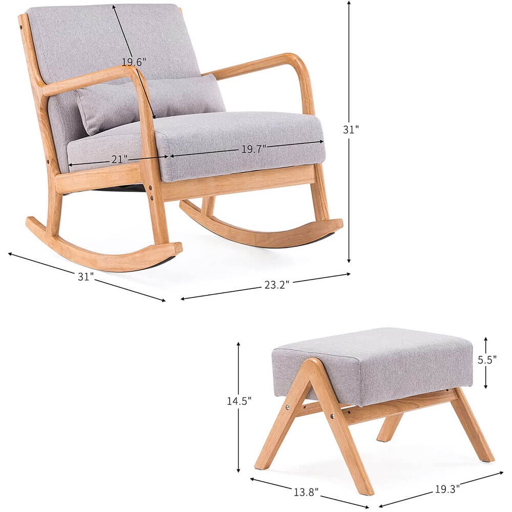 Homrest Fabric Rocking Chair Mid-Century Glider Rocker with Padded Seat, with Ottoman Linen Accent Chair Gray