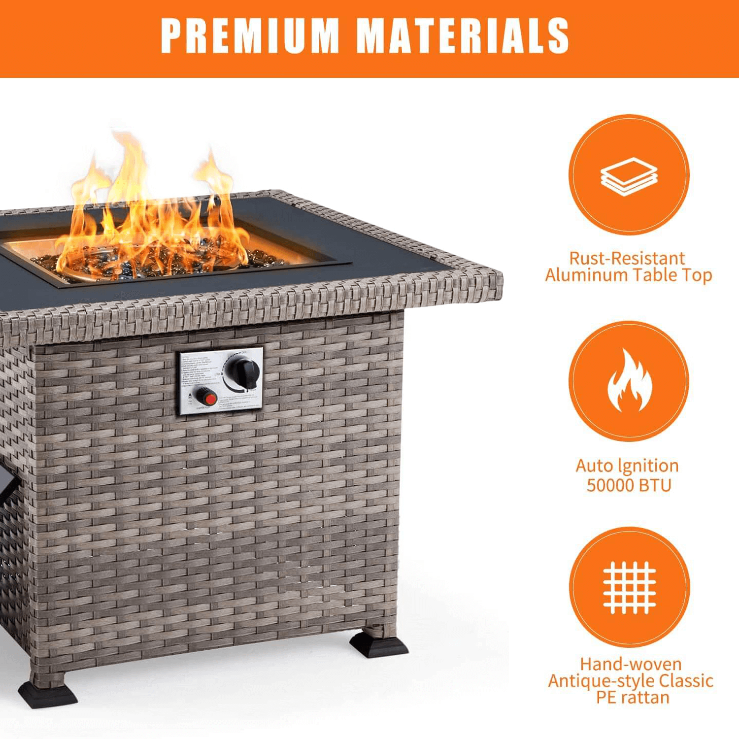 Homrest 32'' Propane Fire Pit Table, 50000 BTU Square Gas Fire Pit w/ Glass Beads & Waterproof cover