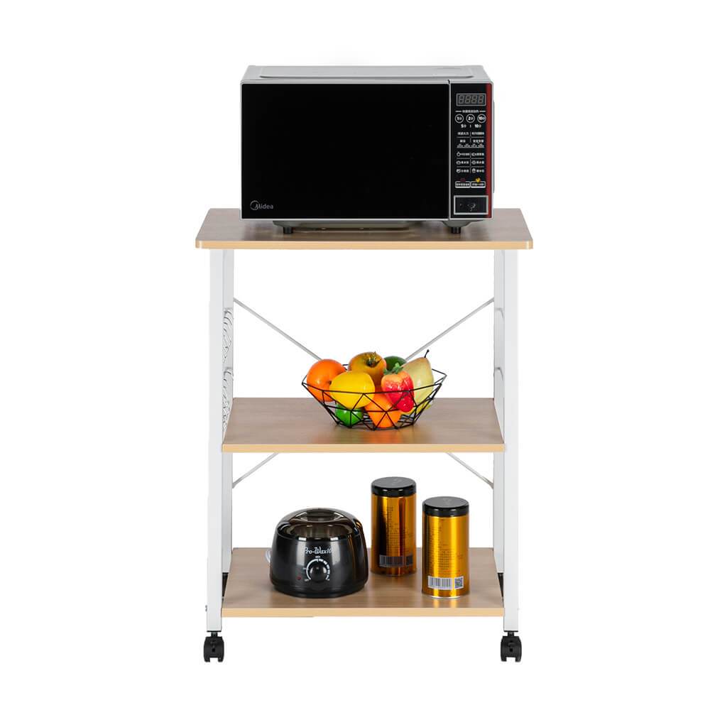 Homrest 3-Tier Kitchen Utility Microwave Oven Stand Light Beige Top White Metal Frame