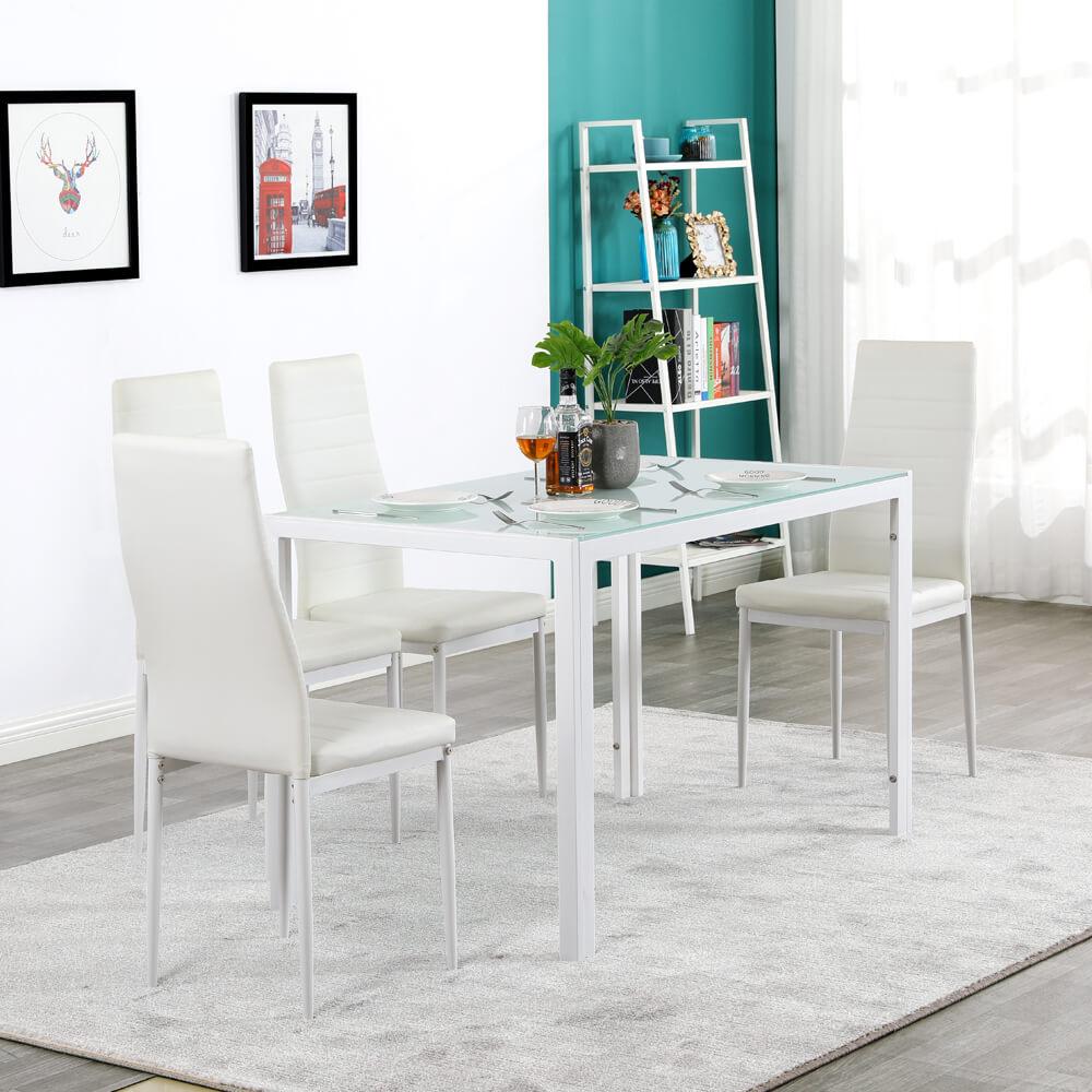 Homrest 5 Piece Dining Set GlassTable and 4 Leather Chair for Kitchen Dining White