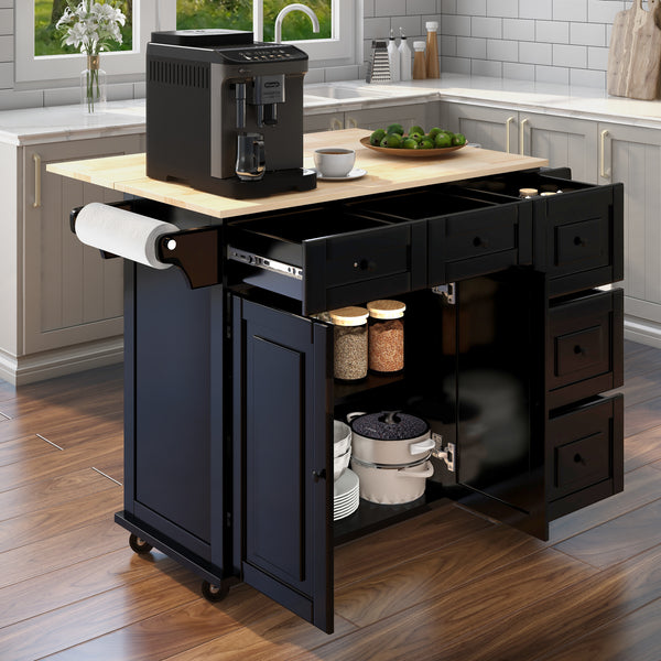 Homrest kitchen island rolling mobile island with wooden countertop for kitchen, black