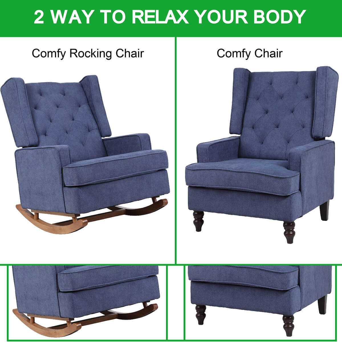 Mid Century Rocking Chair with 2 Alternative legs Accent Chair, Blue