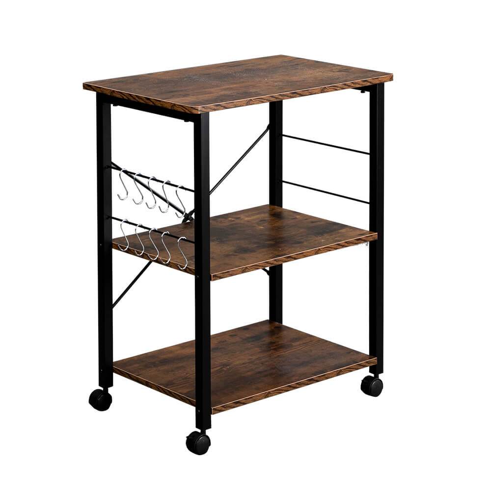 Homrest 3-Tier Kitchen Utility Microwave Oven Stand Vintage Board Top Black Metal Frame