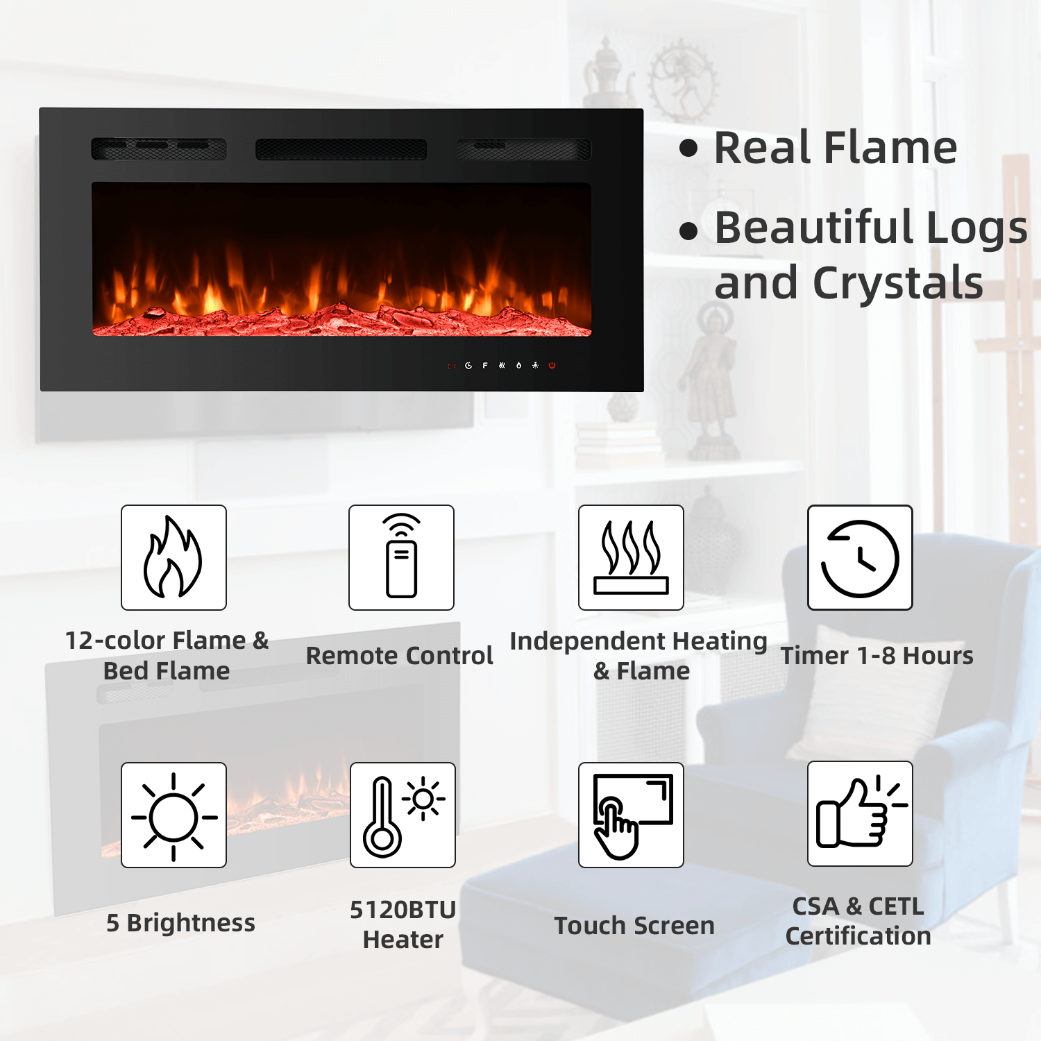 Homrest 36 inch Electric Fireplace with Free Standing, Wall Mounted Fireplace Insert Heater with Remote Control&Touch Screen