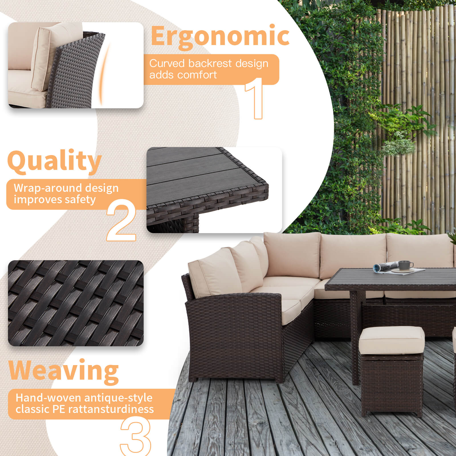 Homrest 7 Pieces Patio Furniture Set, Outdoor Sectional Dining Sofa Set with Table & 3 Ottomans (Khaki)