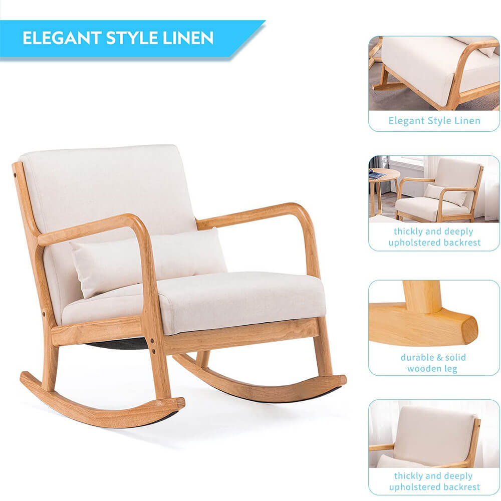 Homrest Fabric Rocking Chair, Mid-Century Glider Rocker with Padded Seat, with Ottoman, Seat Wood Base, Linen Accent Chair for Living Room
