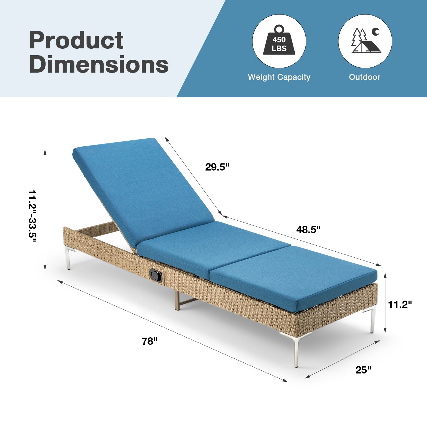 Homrest Patio Rattan Chaise Lounge Chair Outdoor Wicker Recliner Thickened Cushion Stepless Adjustable with Gas Cylinder (Blue)