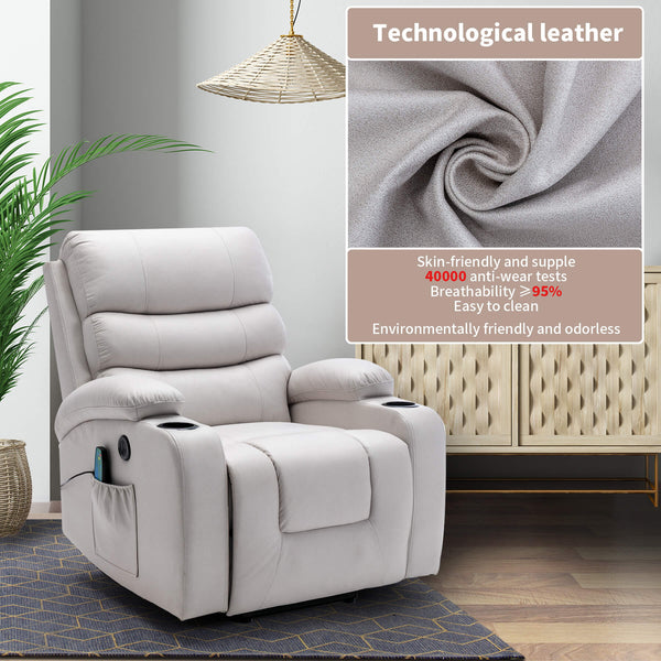 Power Lift Chair Recliner for Elderly with Massage & Heat for Elderly, Microfiber Recliner Chair with 2 Pockets, Cup Holders & USB Port (Beige White)