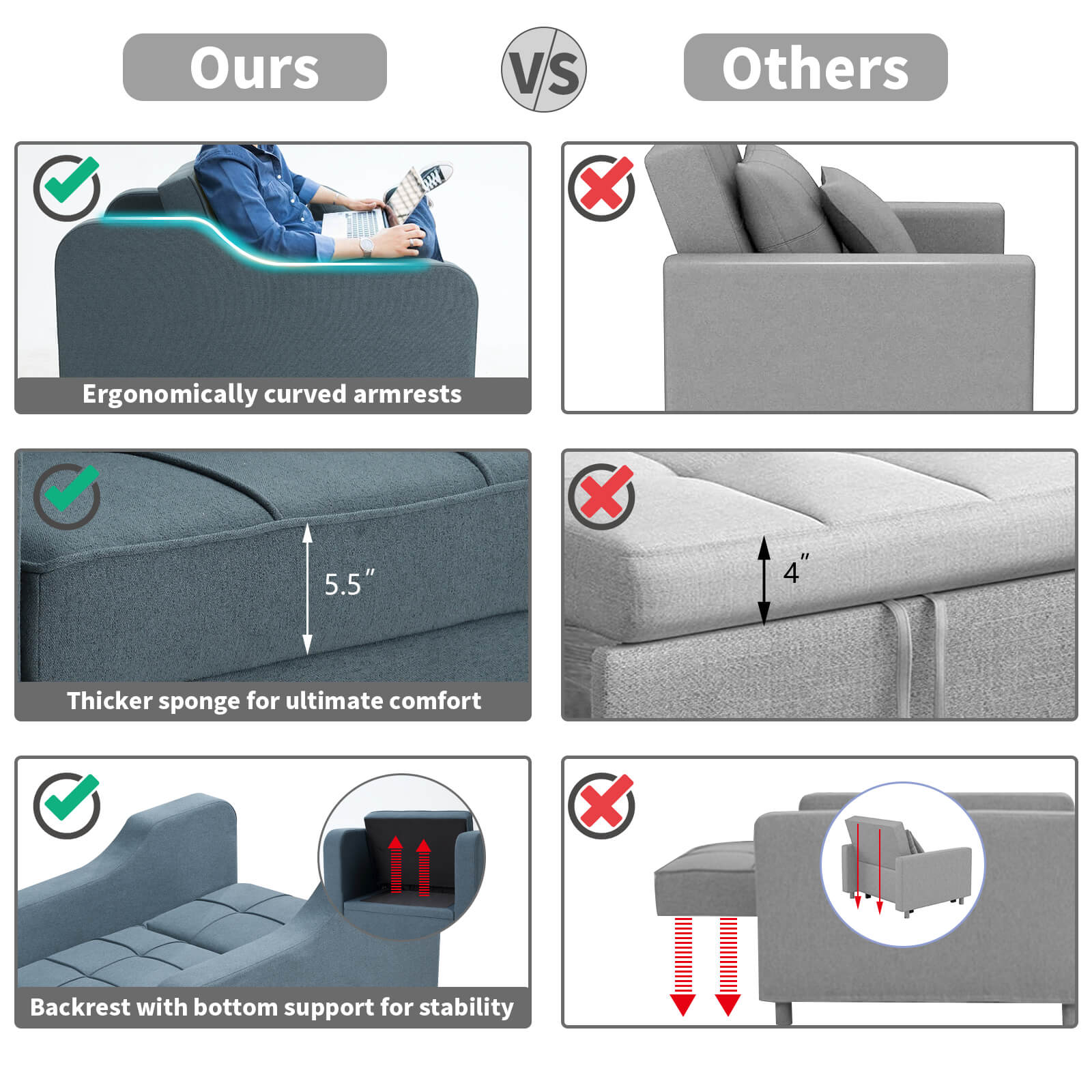 Homrest Sofa Bed 3-in-1 Convertible Chair Multi-Functional Sofa Bed Adjustable Recliner(Blue Grey)