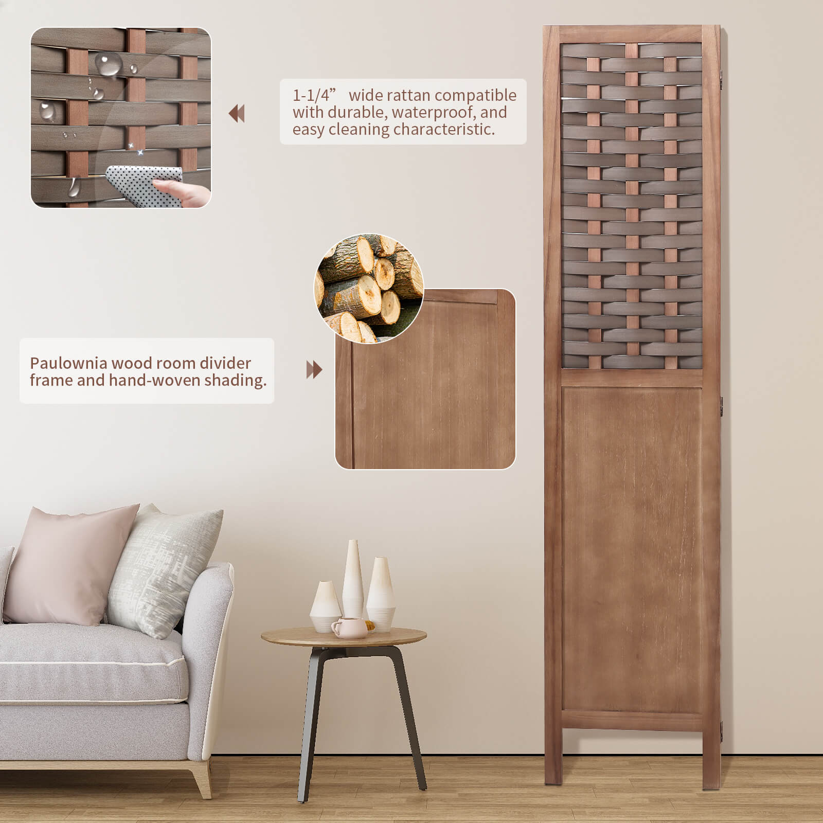 Homrest 4 Panels Wood Room Divider 5.6ft Folding Privacy Screens with Hand-Woven Wicker Rattan, Brown