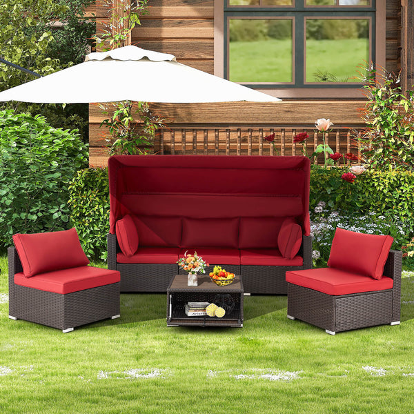 6 Pcs Outdoor Sectional Sofa Daybed w/ Canopy &  Coffee Table, Wine Red