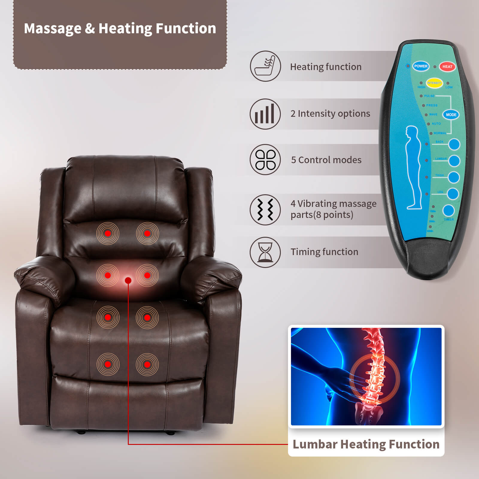 Homrest power lift recliner chair with massage and heat for living room, brown