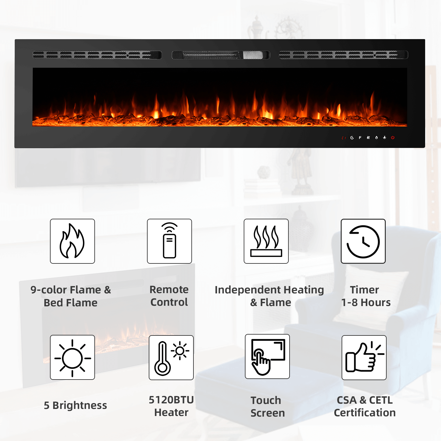 Homrest 70 inch Electric Fireplace, Wall Mounted Fireplace Insert with Remote Control&Touch Screen