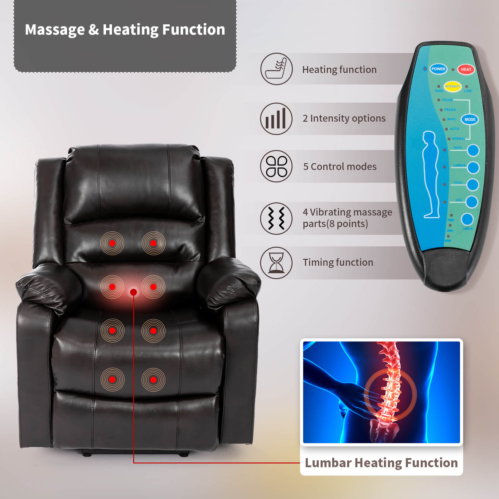 Massage and heated recliner chair for living room, coffee | Homrest furniture