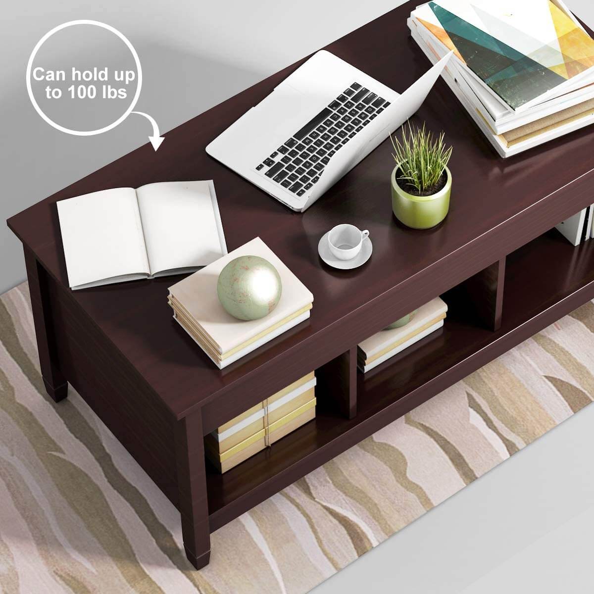 Homrest Coffee Table Lift Tabletop Wood Home Living Room Modern Lift Top Storage Brown
