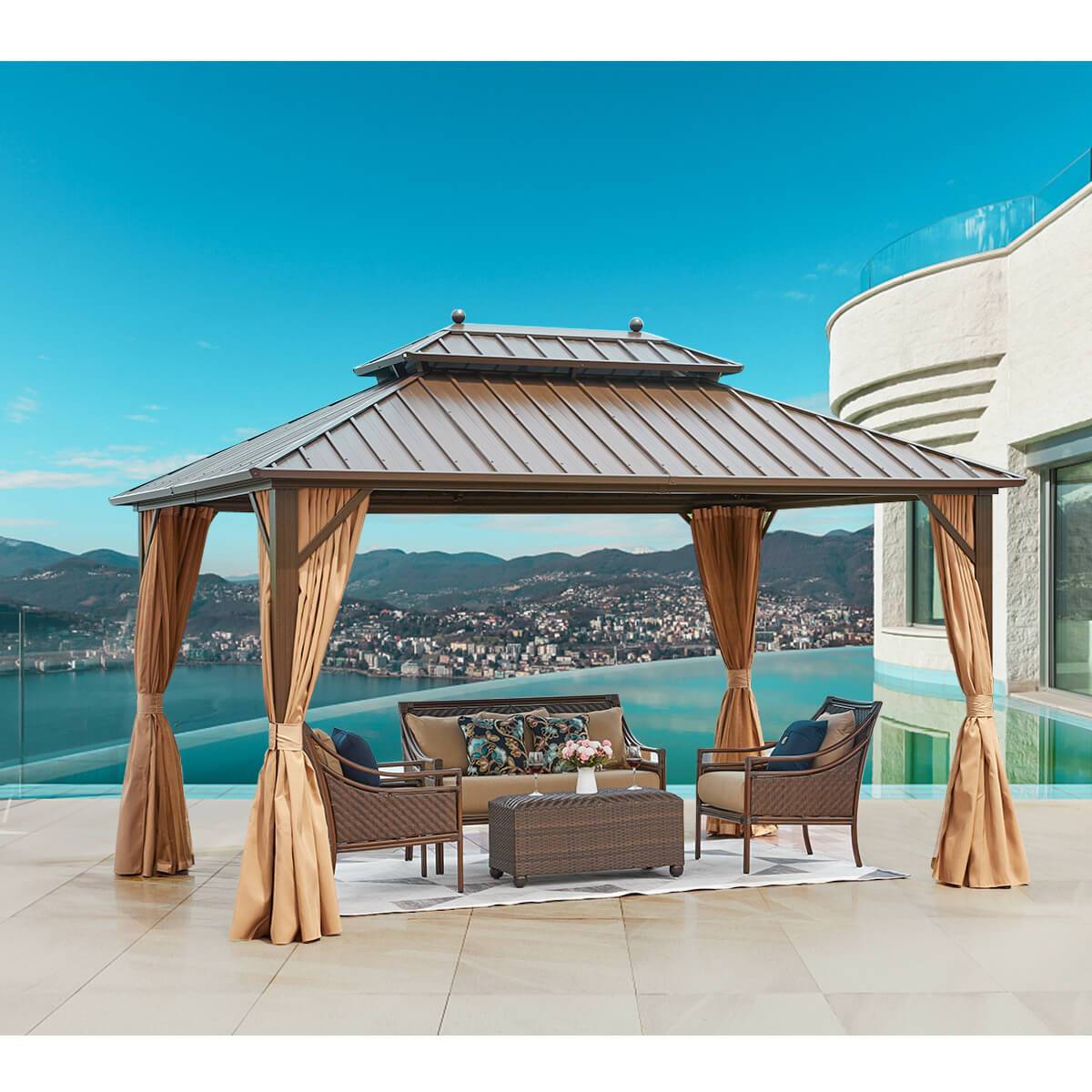  Homrest 0'x13' Hardtop Gazebo Galvanized Steel Gazebos with Netting & Curtain