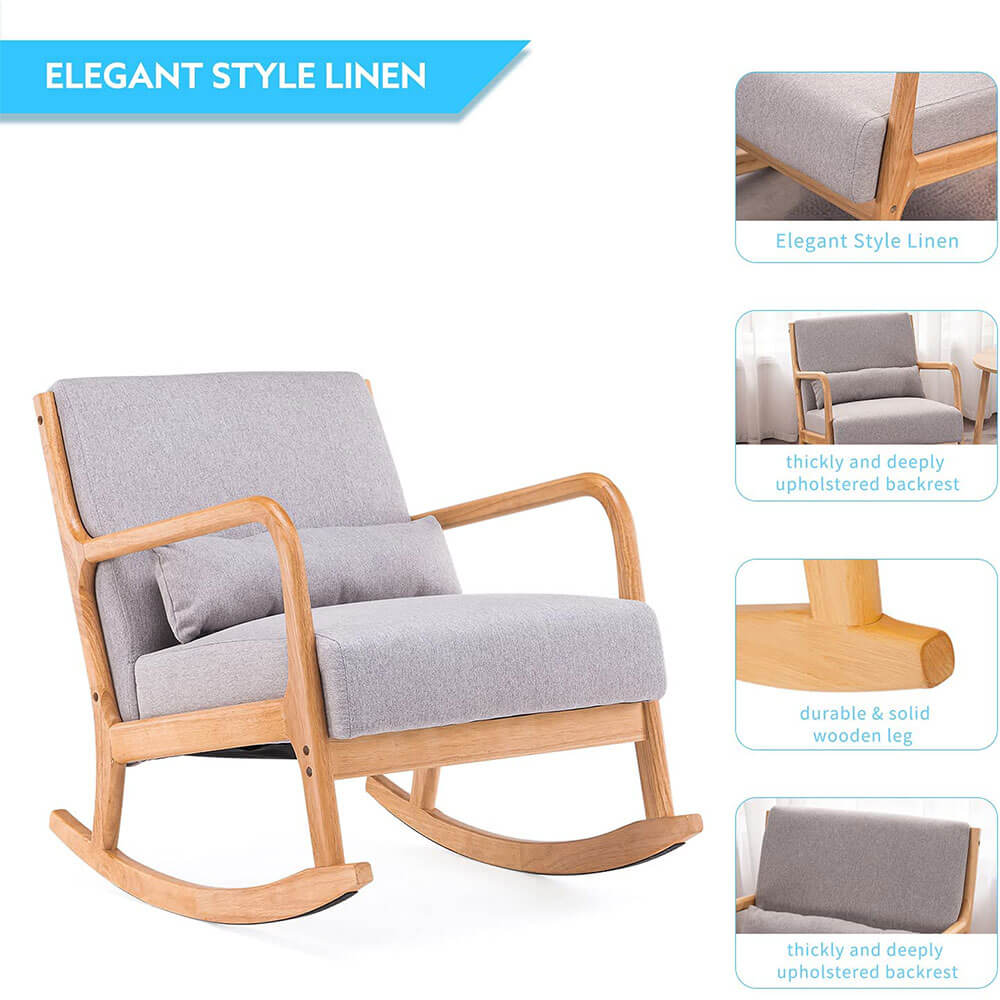 Homrest Fabric Rocking Chair Mid-Century Glider Rocker with Padded Seat, with Ottoman Linen Accent Chair Gray