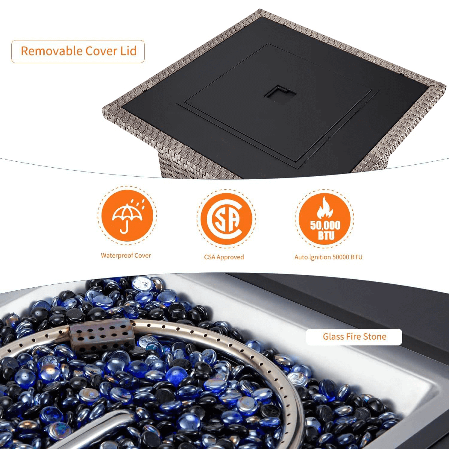 Homrest 32'' Propane Fire Pit Table, 50000 BTU Square Gas Fire Pit w/ Glass Beads & Waterproof cover