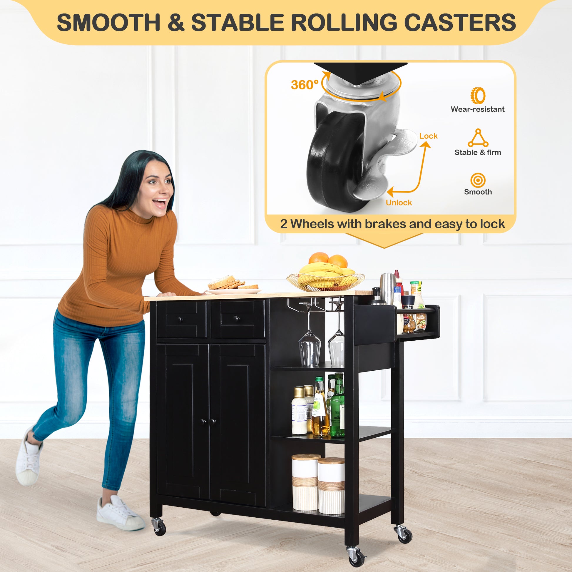 Homrest kitchen island on wheels with smooth & stable rolling casters, 2 wheels with brakes and easy to lock, black