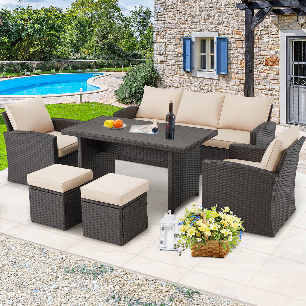 6 Pieces Patio Dining Sofa Set Wicker Rattan Dining Set