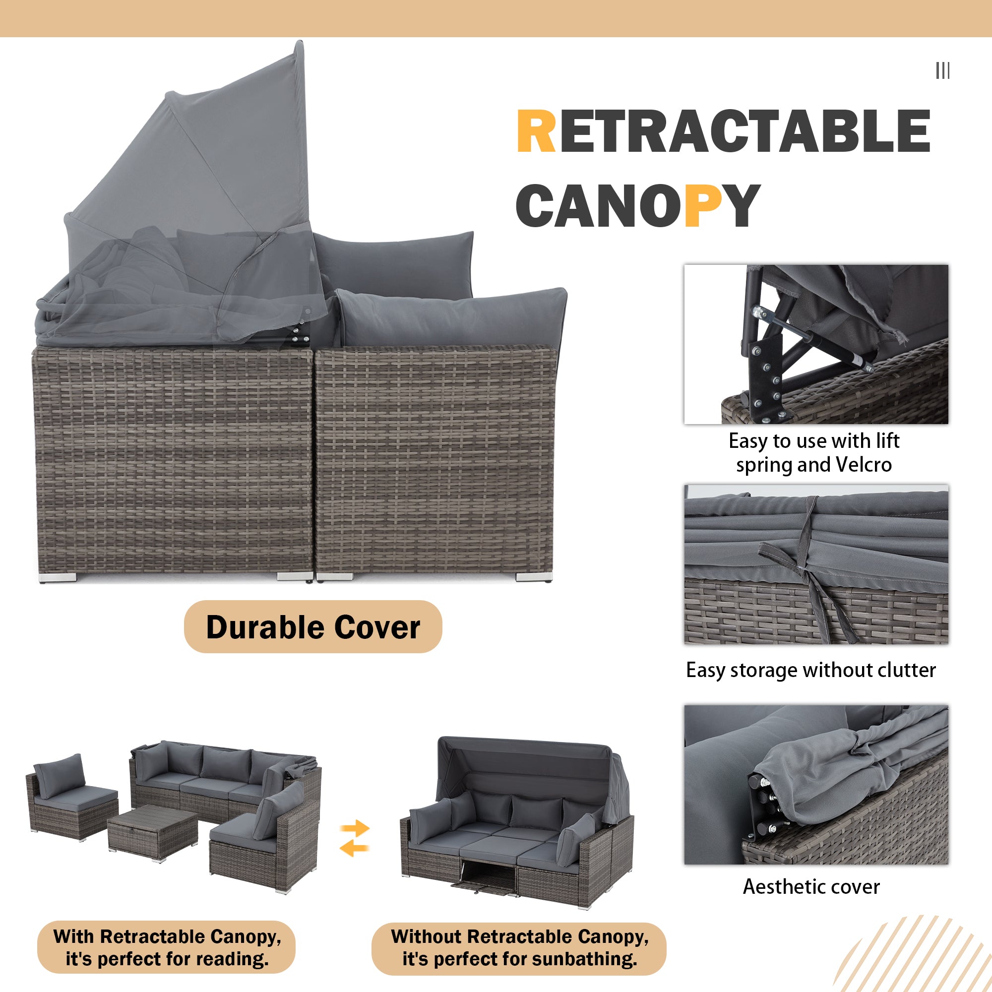Outdoor conversation set with canopy and adjustable backrest, gray