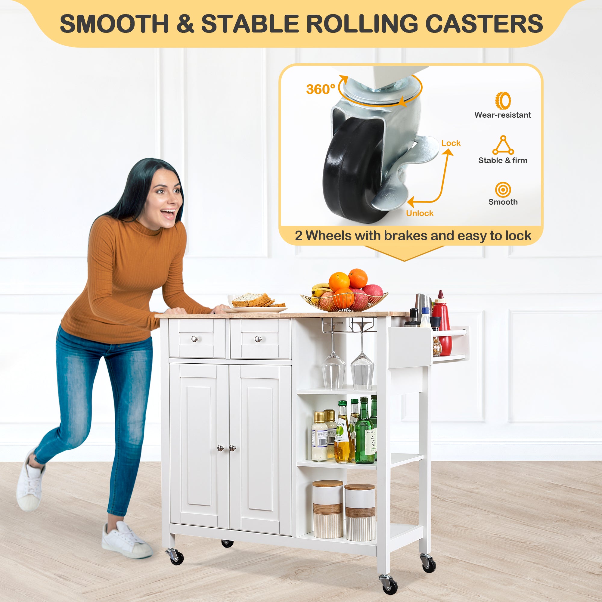Homrest kitchen cart with smooth & stable rolling casters, 2 wheels with brakes and easy to lock.
