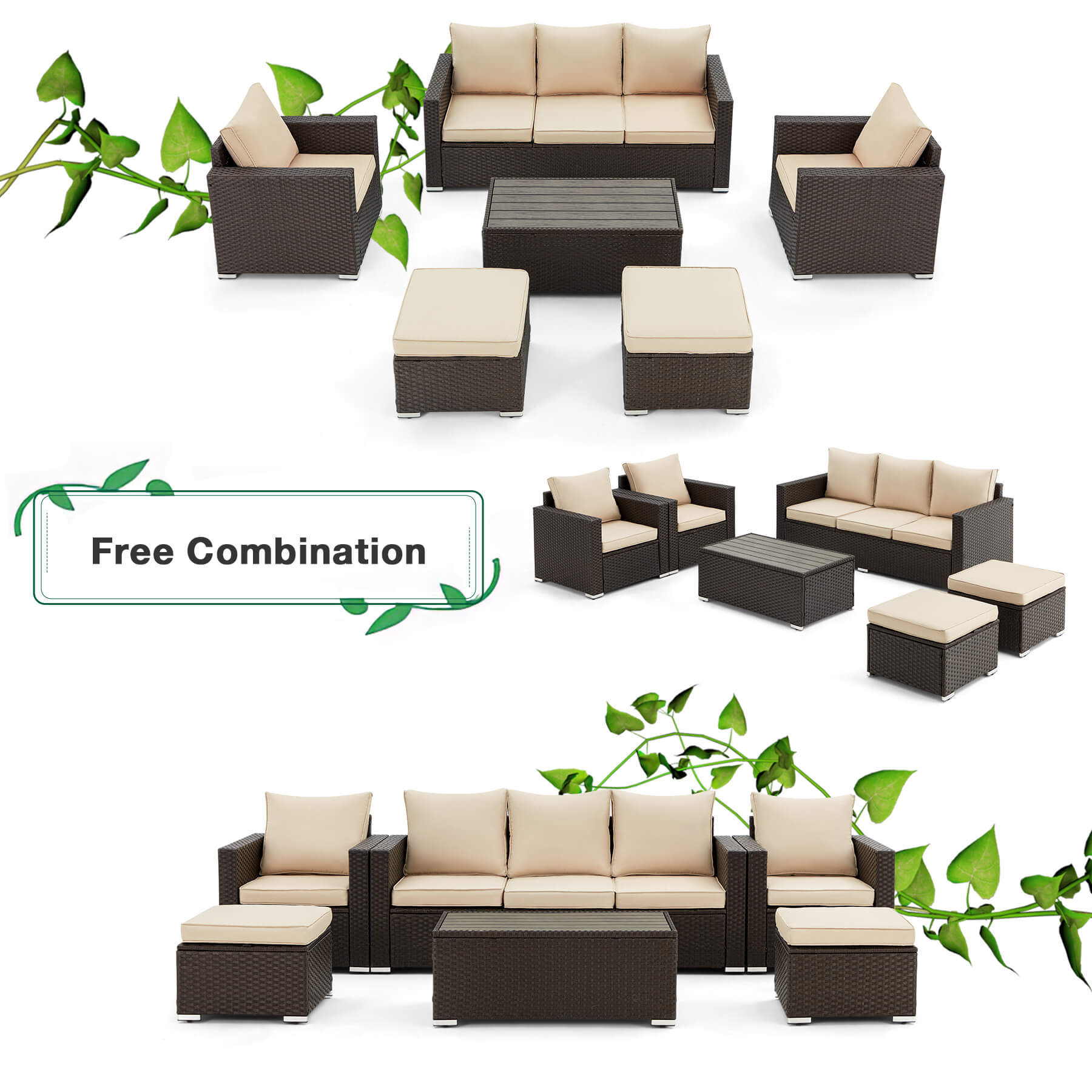 Homrest patio rattan sectional set, khaki
