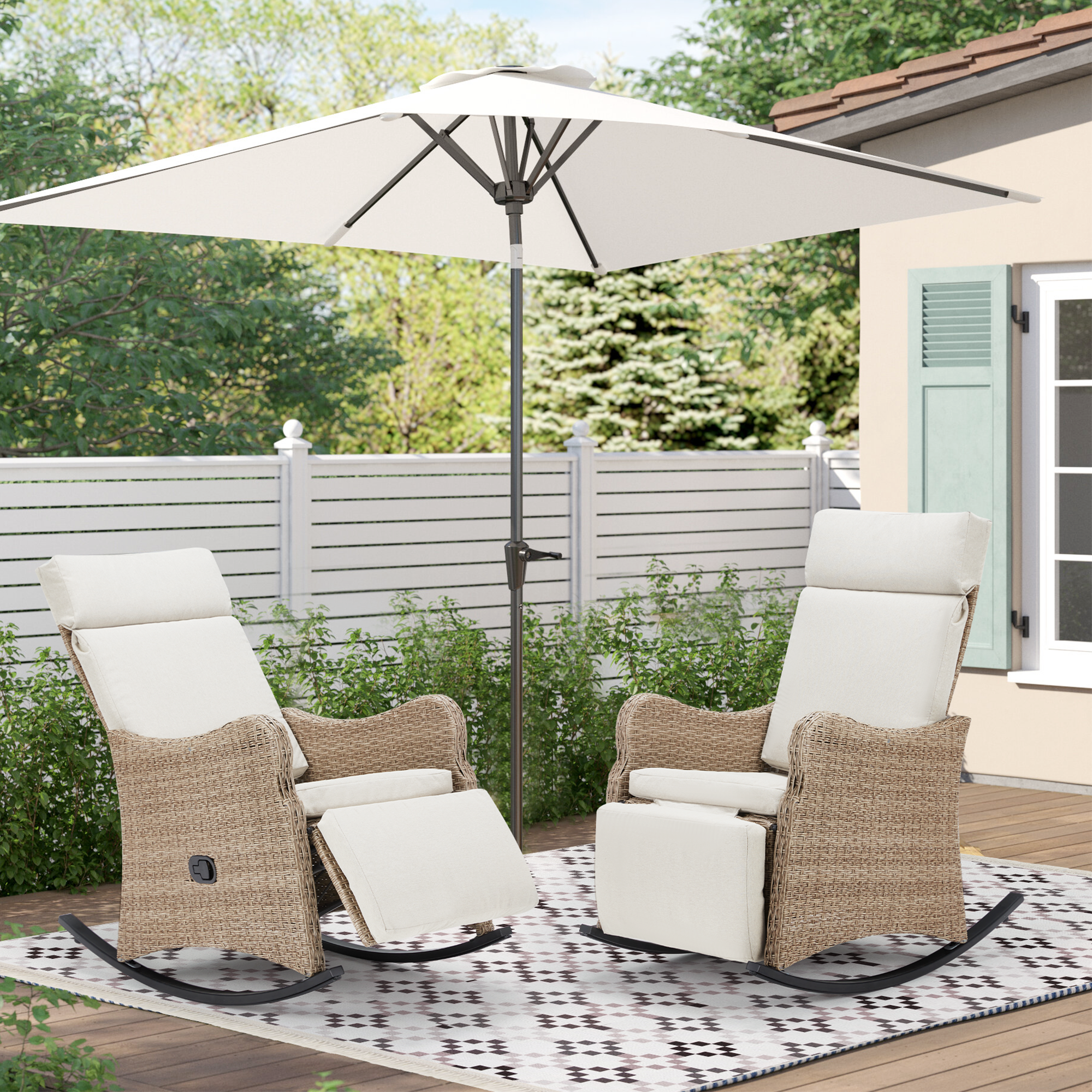 Homrest Outdoor Recliner Chairs Set of 2, Rattan Wicker Rocking Chair, Beige