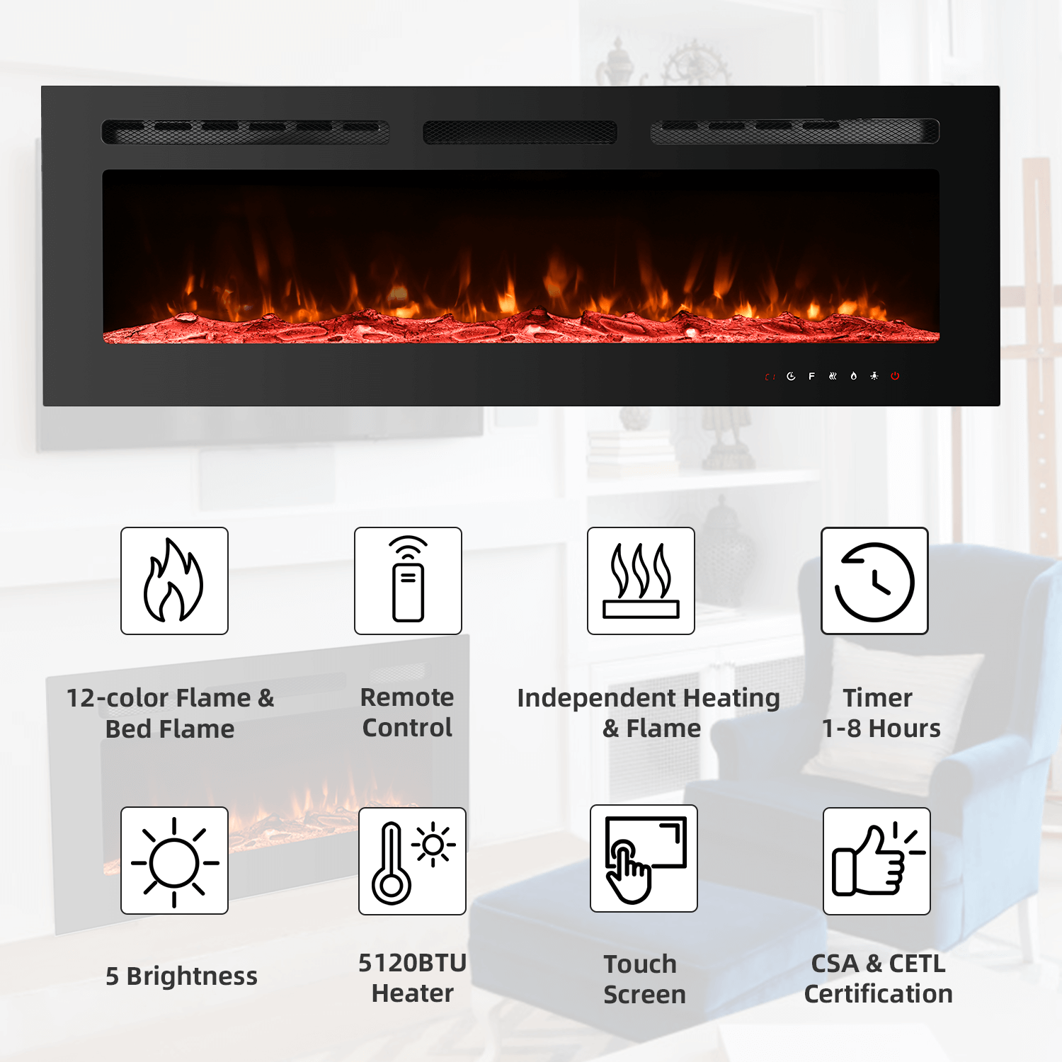 Homrest 50 inch Electric Fireplace with Free Standing, Wall Mounted Insert Heater Remote Control