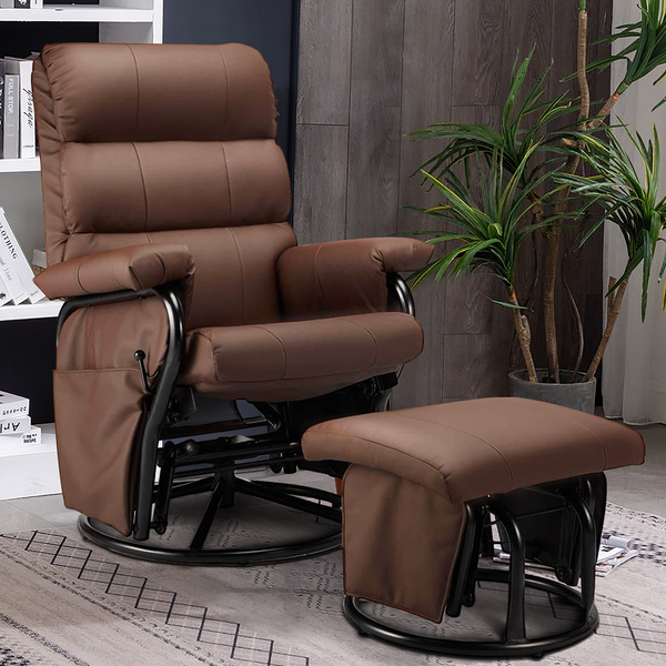 Homrest Faux Leather Glider Recliner with Ottoman Vibration Massage Lounge Chair Set, Brown