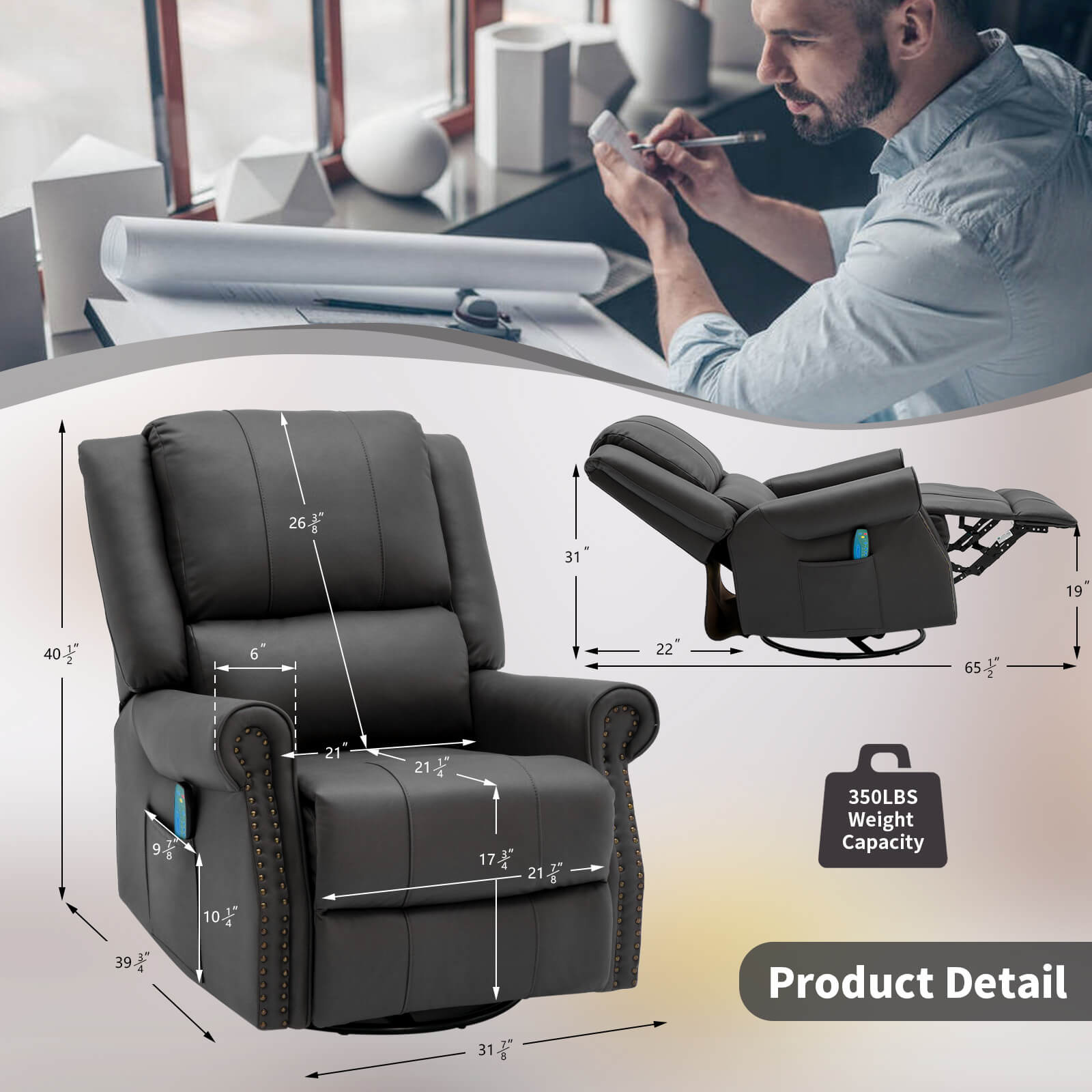 Homrest massage recliner chair for living room, dark gray