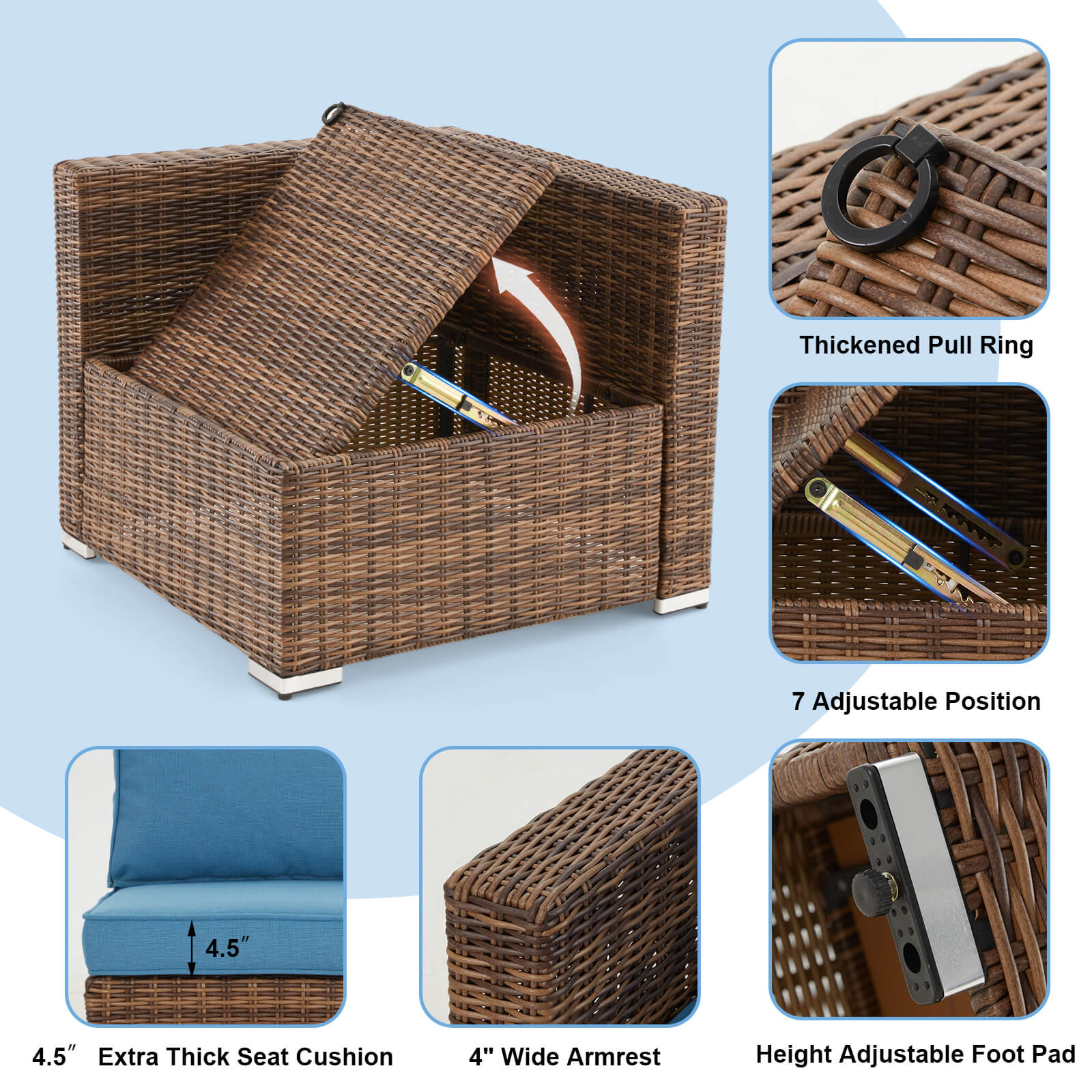 Homrest 7 pieces outdoor rattan sectional sofa set with thickened pull ring, 7 adjustable position, 4.5'' extra thick seat cushion, 4'' wide armrest and height adjustable foot pad