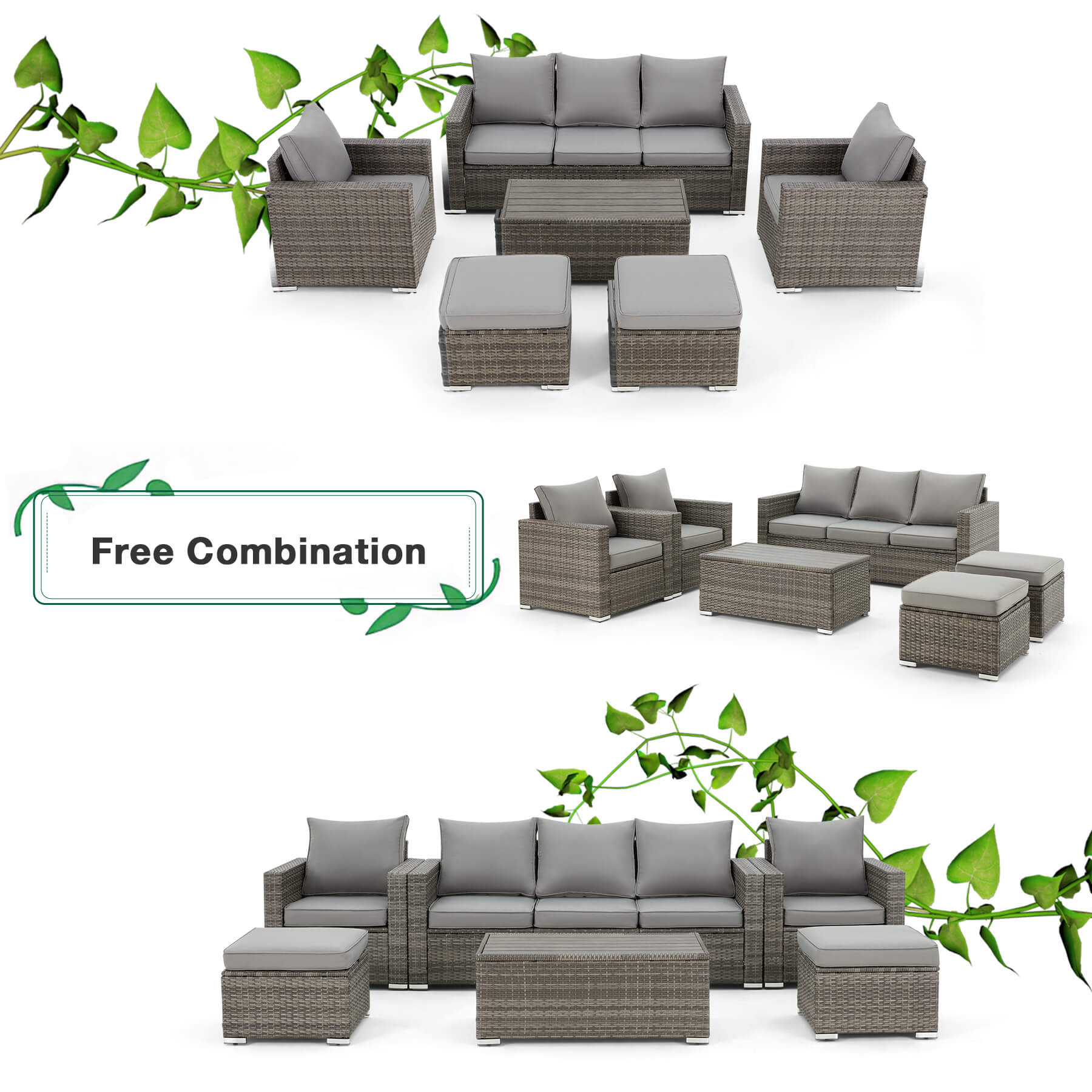 Homrest patio rattan sectional set, gray