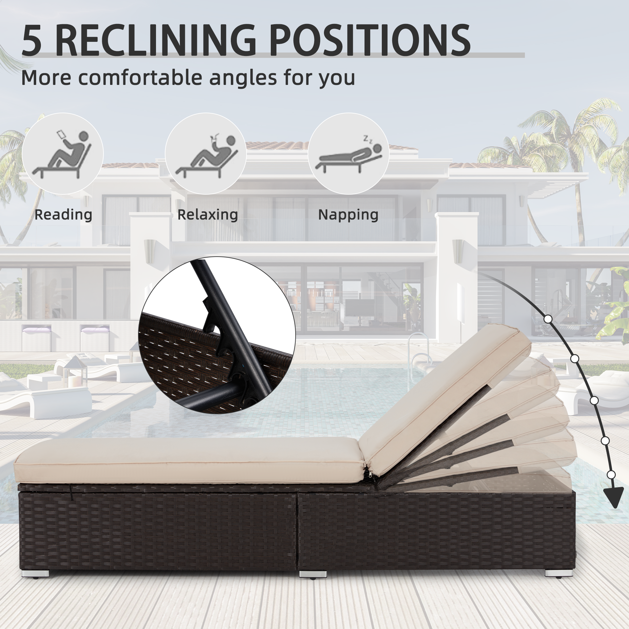 HOMREST Patio Lounge Chair Set of 2, Brown Rattan Reclining Chair Furniture Set with Khaki Cushion