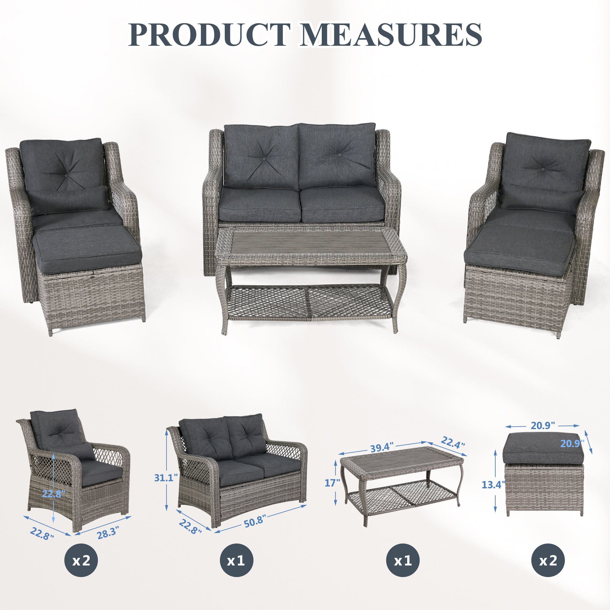 Product dimensions of Homrest 6 pcs patio conversation sets.