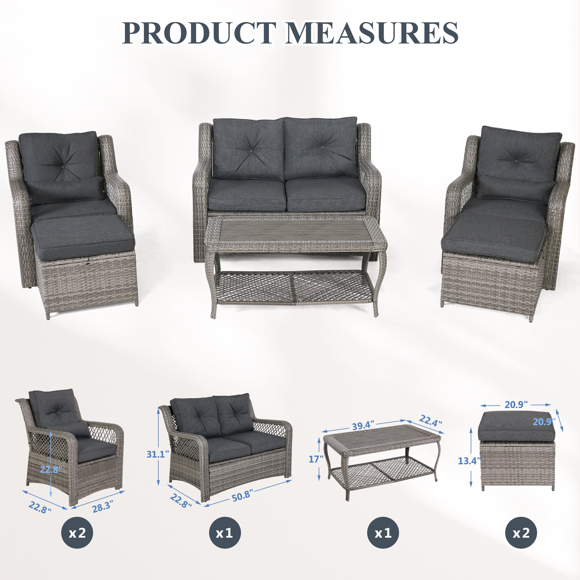Product dimensions of Homrest 6 pcs patio conversation sets.