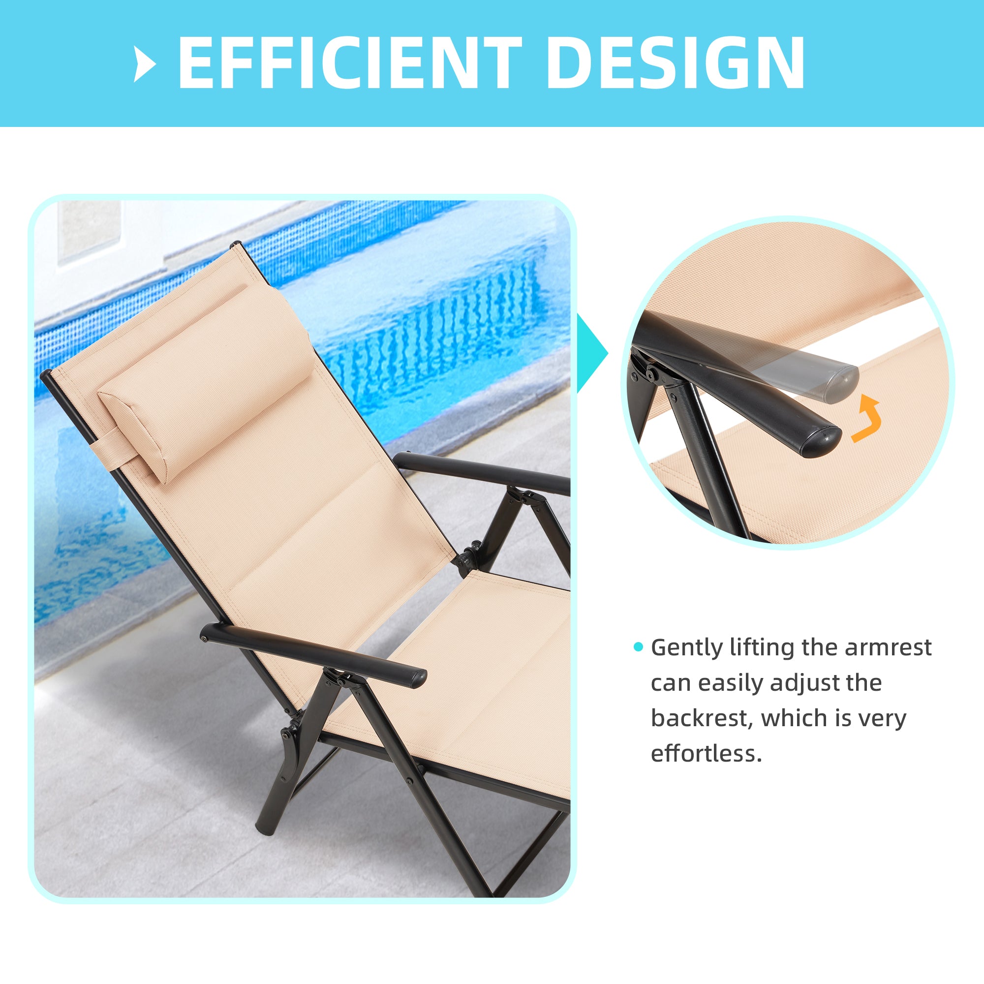 HOMREST Folding Lounge Chair, Outdoor Reclining Lightweight Chaise Lounge Chair, with 7-Position Adustable Backrest for Patio Beach Swimming Poolside Khaki