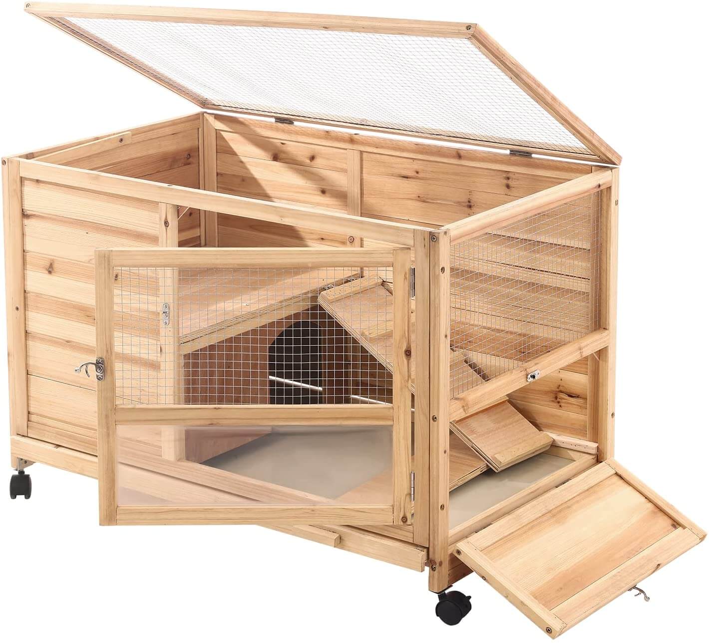 Homrest 36" Indoor and Outdoor Wooden Rabbit Hutch, Cage, w/Removable Tray, Safety Lock, Galvanized Mesh Wires, Access Ramps