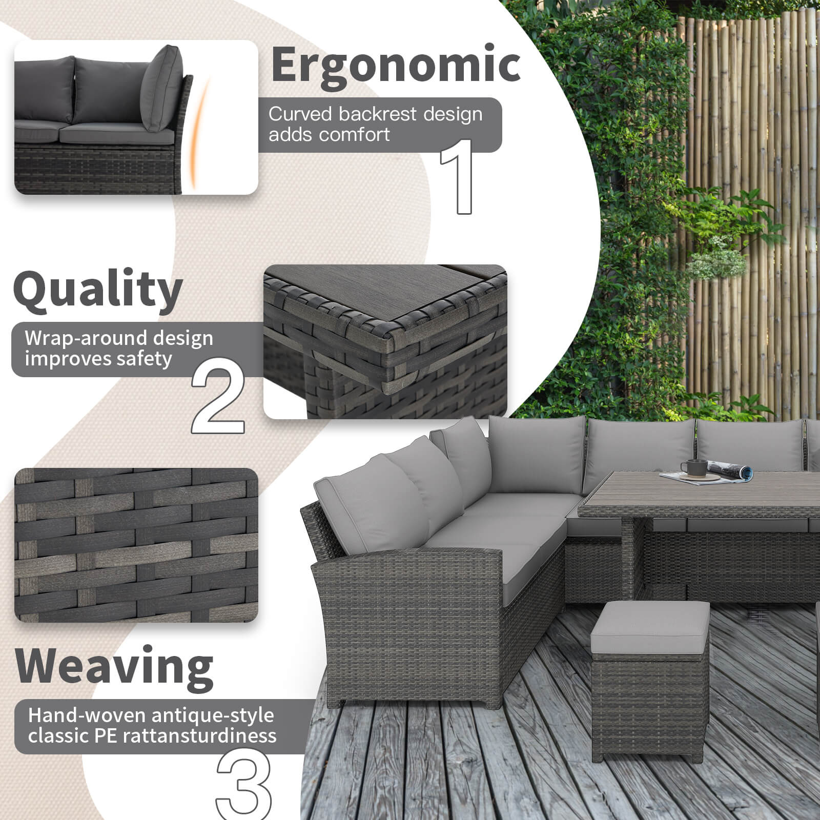 7 Pieces Patio Furniture Set, Outdoor Sectional Dining Set with Table & 3 Ottomans(Grey) | Homrest