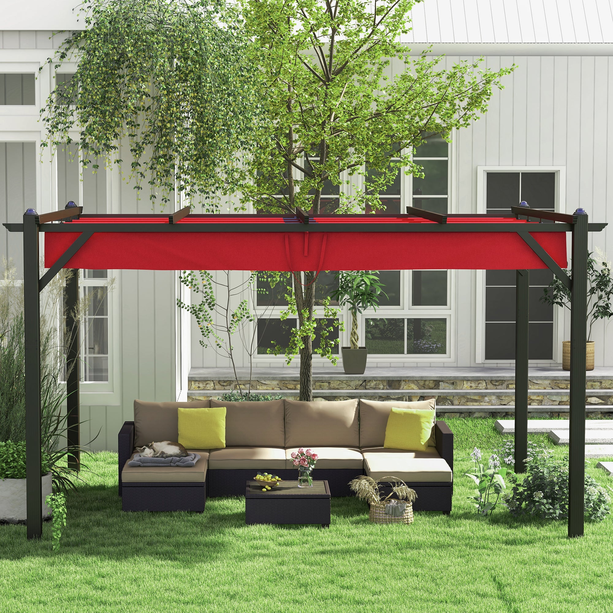  Homrest 13' X 10' Retractable Pergola, Patio Gazebo Grape Trellis with Removable Sun Shade Canopy（Wine Red）