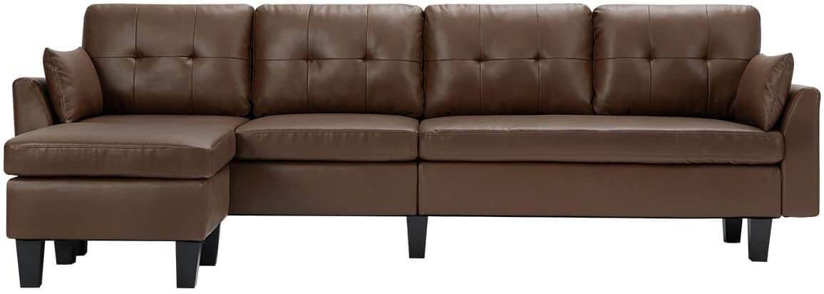 Homrest 4-Seat Sectional Sofa Convertible Couch Brown Faux Leather Reversible L-Shape Couch for Living Room, Living Room Furniture Sets with Chaise Lounge for Apartment