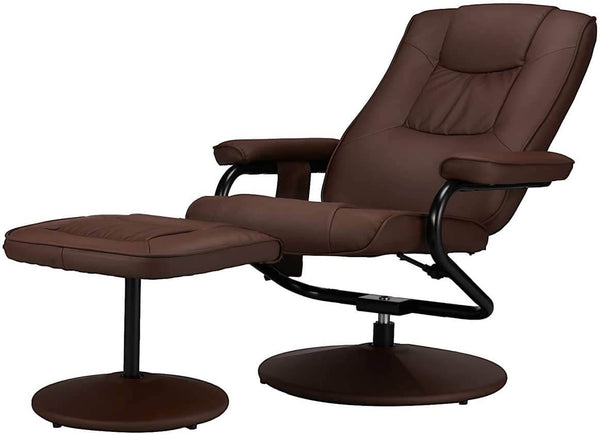 Recliner Chair and Ottoman, 360 Degrees Swivel Ergonomic Faux Leather Lounge Recliner with Footrest, Vibration Massage Lounge Chair with Side Pocket, Brown