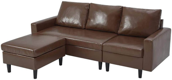 Homrest Enlarged Convertible Sectional Sofa Couch, 3-seat Sofa Couch with Ottoman, L-Shaped Sofa with Modern PU Leather Fabric for Living Room or Apartment, Brown