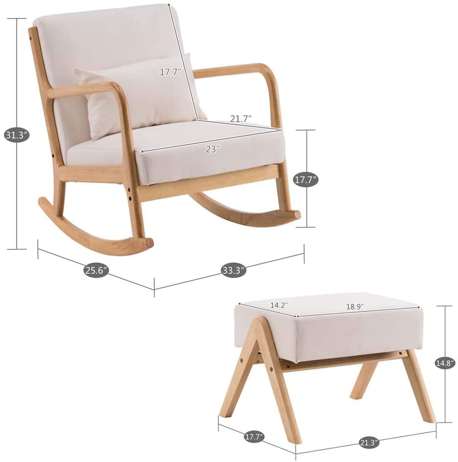 Mid-Century Rocking Chair and Ottoman, Glider Rocker Chair with Thick Padded Cushion and Pillow Linen Accent Chair for Living Room (Beige)