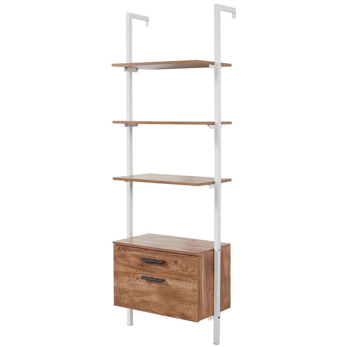 Homrest Wall Mouted Industrial 3-Tier Bookshelf with 2 Wood Drawers, White