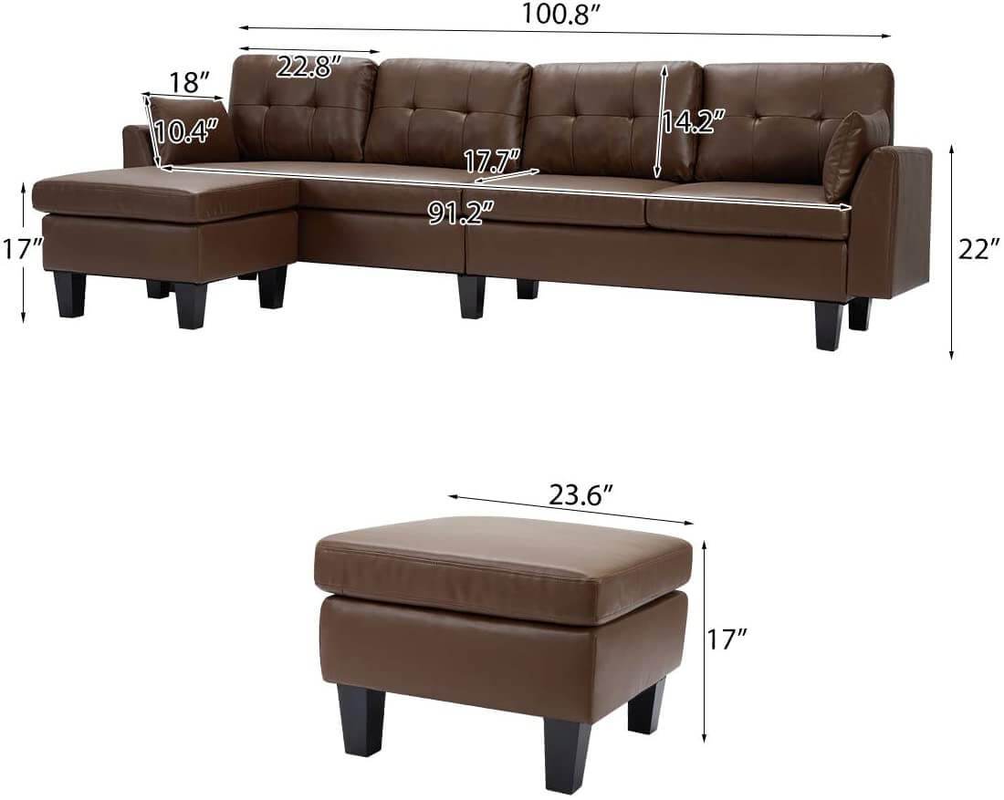 Homrest 4-Seat Sectional Sofa Convertible Couch Brown Faux Leather Reversible L-Shape Couch for Living Room, Living Room Furniture Sets with Chaise Lounge for Apartment