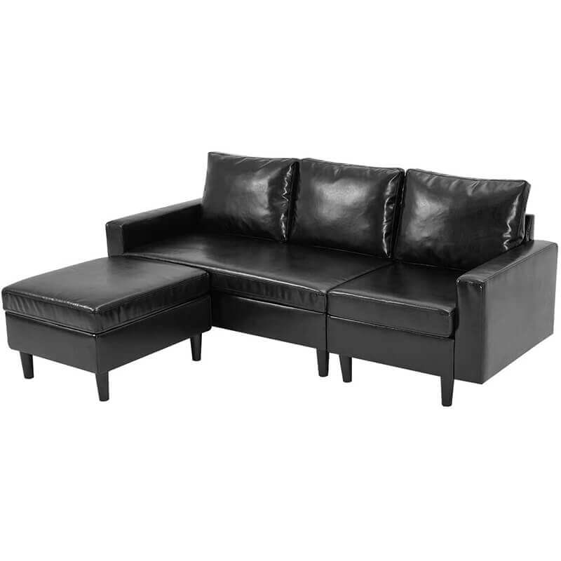 Homrest Enlarged Convertible Sectional Sofa Couch, 3-seat Sofa Couch with Ottoman, L-Shaped Sofa with Modern PU Leather Fabric for Living Room or Apartment, Black